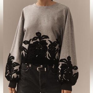 Anthropologie Gray Sweatshirt with Black Floral Appliqué